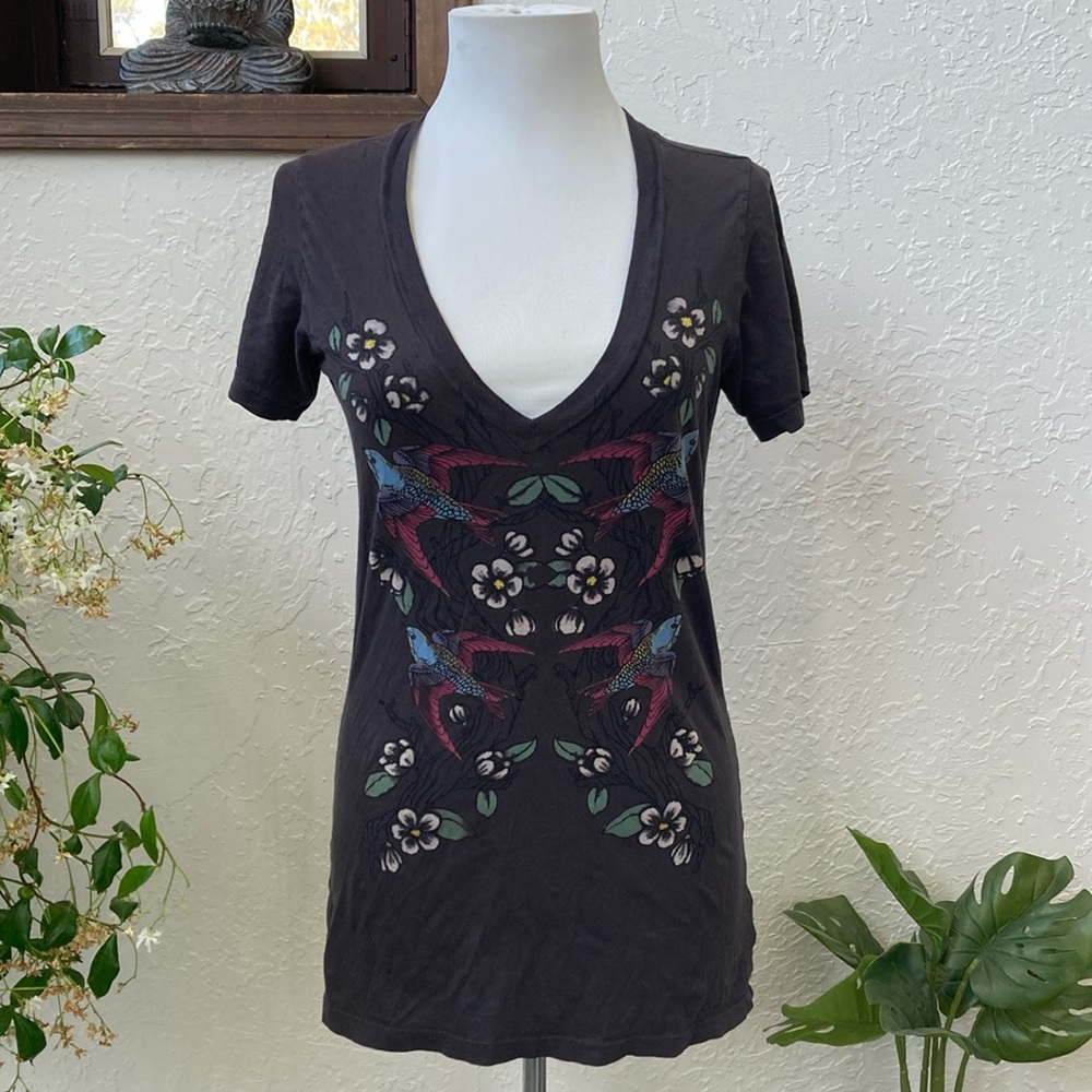 Truly Madly Deeply Sparrow Graphic T Shirt Long V Neck Fitted Tee Short Sleeve